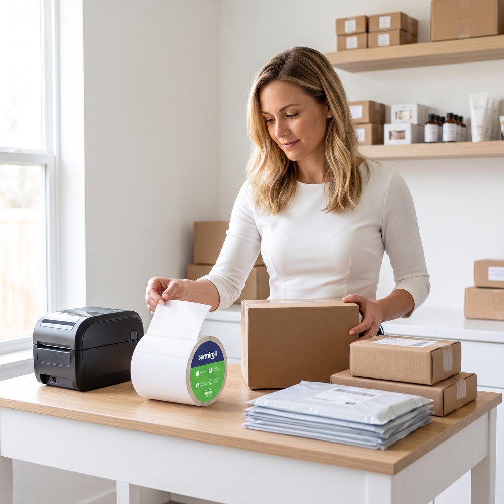 A seller peeling a Termiroll label at her packing desk beside a thermal printer